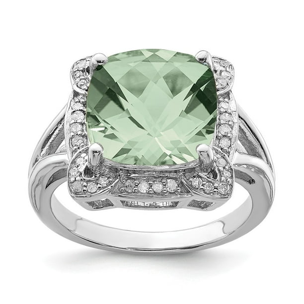 Sterling Silver 2 MM Checker-Cut Green Quartz and Diamond Ring Sterling Silver 2 MM Checker-Cut Green Quartz and Diamond Ring